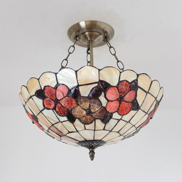 Scalloped Shade Semi Flush Stained Glass Ceiling Light Retro Style 12’/16’/20.5’ W