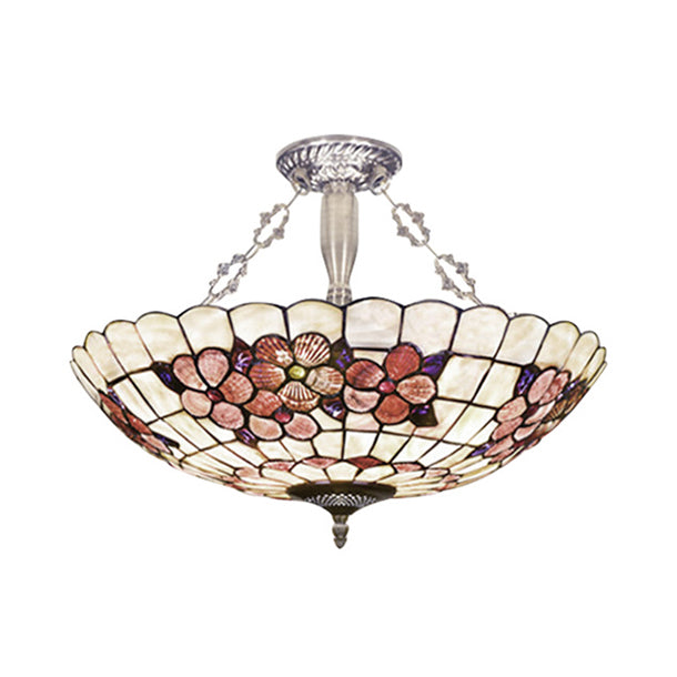 Scalloped Shade Semi Flush Stained Glass Ceiling Light Retro Style 12’/16’/20.5’ W
