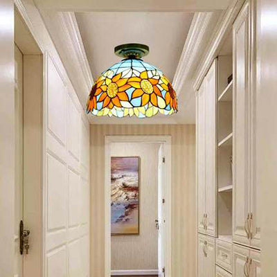 Rustic Tiffany Stained Glass Dome Flush Light - Sunflower/Rose/Pearl/Grape/Dragonfly Pattern Antique