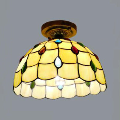 Rustic Tiffany Stained Glass Flush Light With Nature-Inspired Pattern And Antique Brass Finish /
