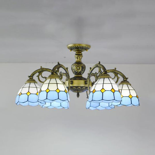 Vintage Tiffany Stained Glass Dome Semi Flush Mount Lighting In Bronze/White Finish (3/6 Lights) 6