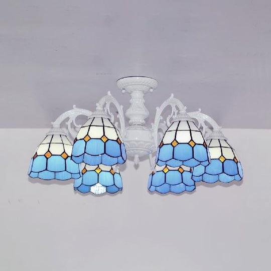 Vintage Tiffany Stained Glass Dome Semi Flush Mount Lighting In Bronze/White Finish (3/6 Lights) 6