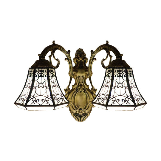 Lodge Bell Wall Sconce With Stained Glass Fence Design - 2 Lights