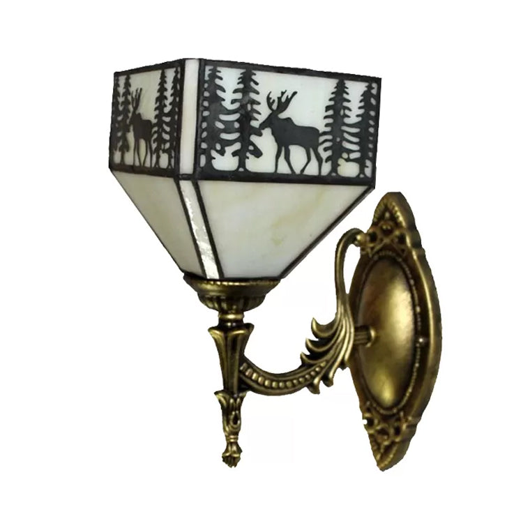 Lodge Stained Glass Wall Sconce With Curved Arm - Mini Mount Light