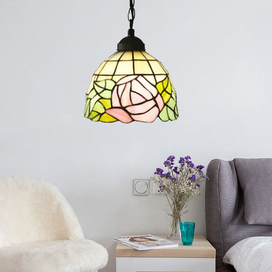 Handcrafted Tiffany Art Glass Ceiling Light - Pink-White/Green Design With Adjustable Chain