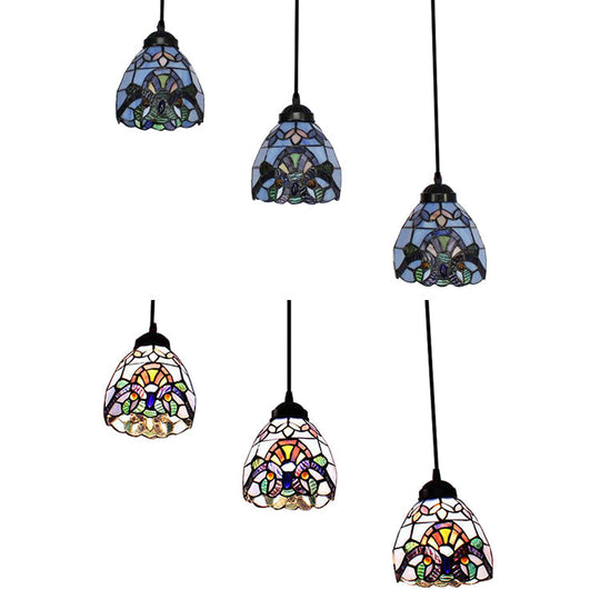 Victorian Stained Glass Hanging Pendant With Domed Design - White 3 Lights Ideal For Dining Room
