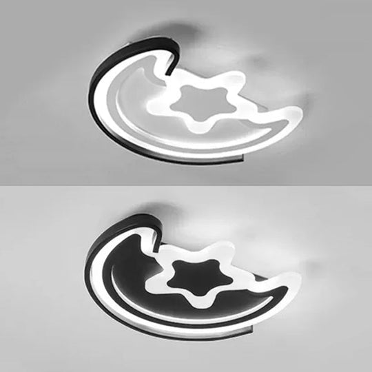 Cartoon Led Flushmount Light For Study Room - Acrylic Moon & Star Ceiling Fixture Black / 16’ White