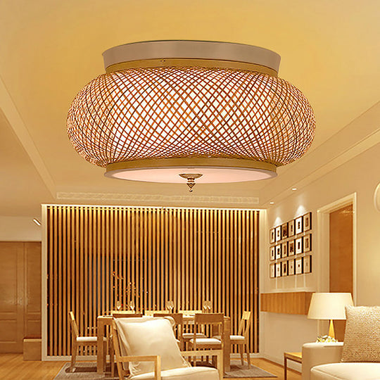 Hand - Knitted Lantern Design Asian Style Bamboo Pendant Light - 3 - Light Yellow Ceiling Fixture