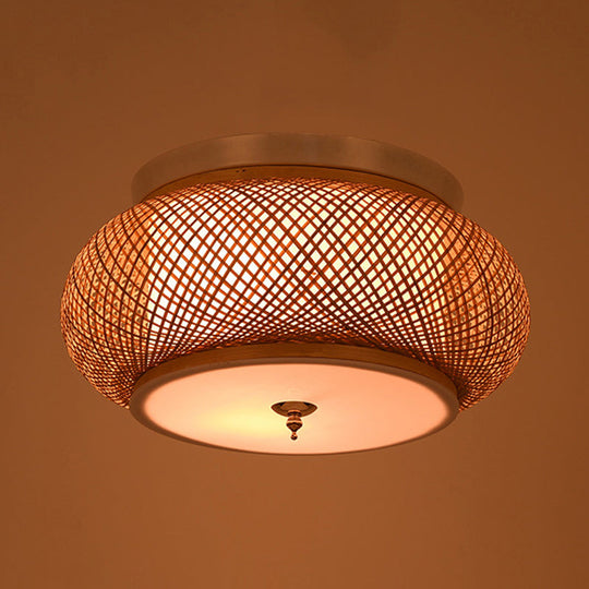 Hand - Knitted Lantern Design Asian Style Bamboo Pendant Light - 3 - Light Yellow Ceiling Fixture