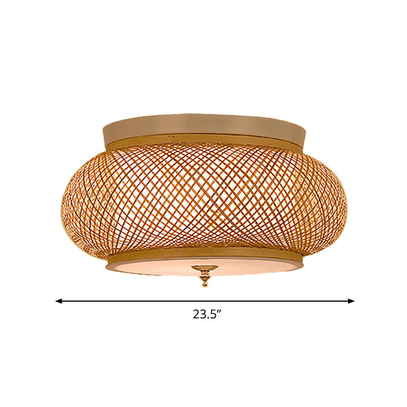 Hand - Knitted Lantern Design Asian Style Bamboo Pendant Light - 3 - Light Yellow Ceiling Fixture