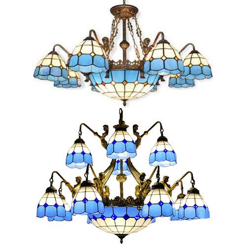 Tiffany Grid Patterned Cut Glass Chandelier In Blue With 9/13 Lights
