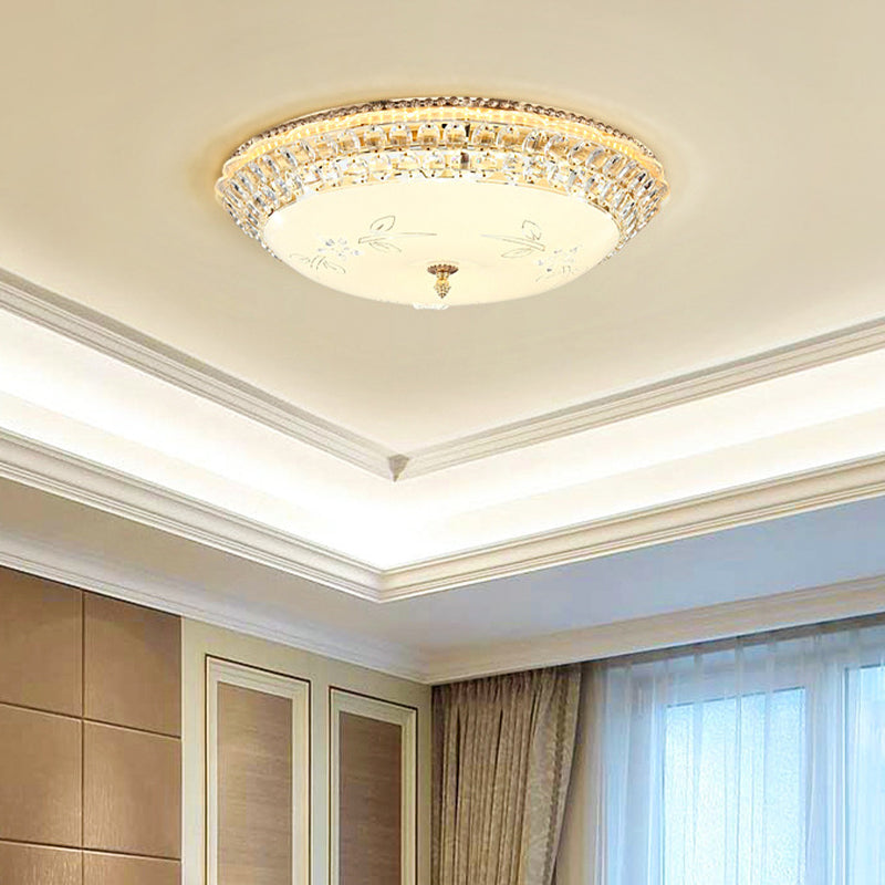 Modern Led Gold Flush Mount Ceiling Light With Crystal Accents Dome White Glass 12/16/19.5 W