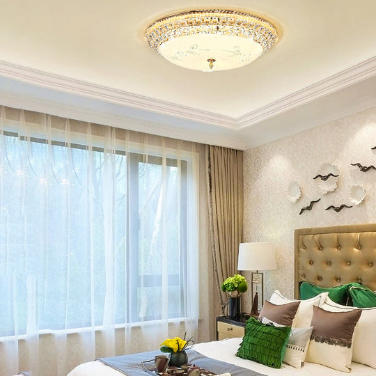 Modern Led Gold Flush Mount Ceiling Light With Crystal Accents Dome White Glass 12/16/19.5 W