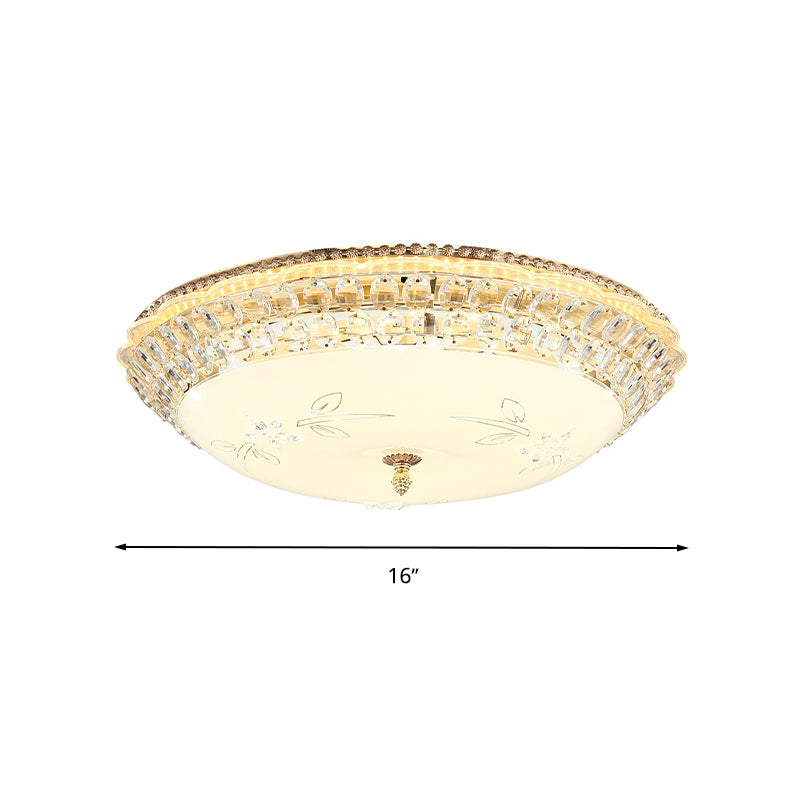 Modern Led Gold Flush Mount Ceiling Light With Crystal Accents Dome White Glass 12/16/19.5 W