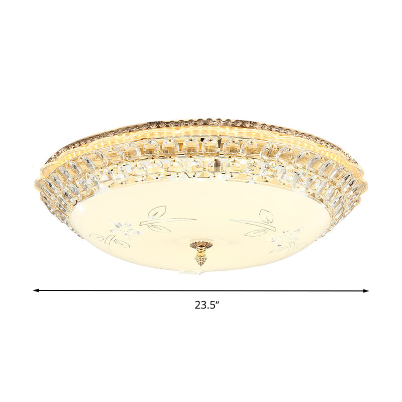 Modern Led Gold Flush Mount Ceiling Light With Crystal Accents Dome White Glass 12’/16’/19.5’ W