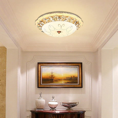 Modern White Glass Bowl Ceiling Lamp With Led Lighting And K9 Crystal Accent - 12/16/19.5 Wide