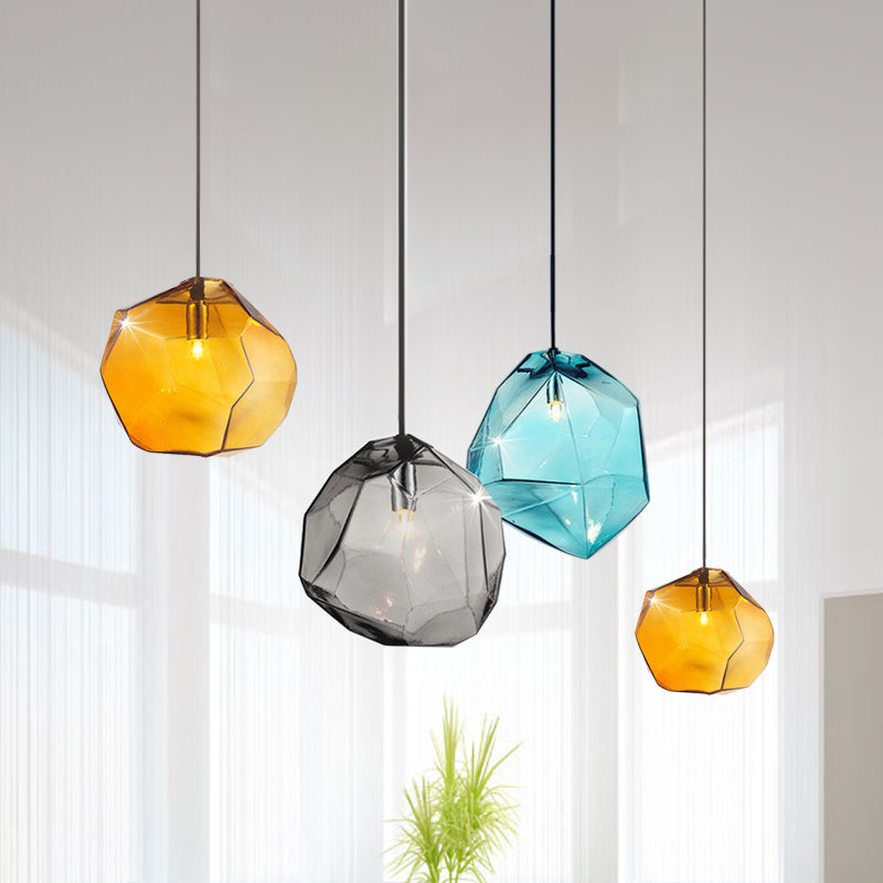 Contemporary Glass Pendant Light - Faceted Grey/Orange/Purple 1-Light Led Hanging Lamp For Dining