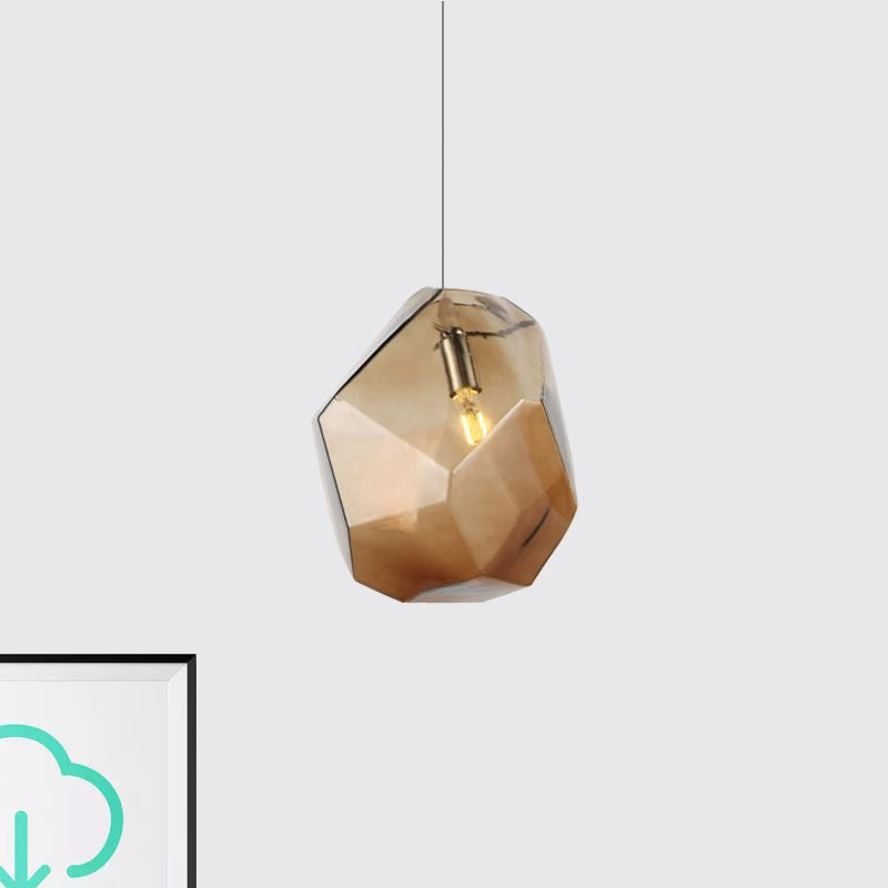 Contemporary Glass Pendant Light - Faceted Grey/Orange/Purple 1-Light Led Hanging Lamp For Dining