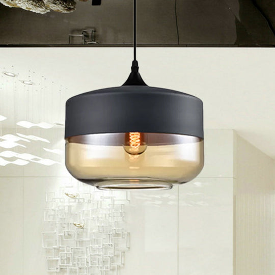 Modern 1-Light Drum/Cylinder/Jar Suspension Pendant – Clear/Yellow Glass White/Black Fixture