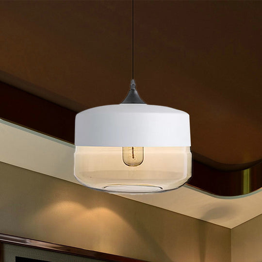 Modern 1-Light Glass Suspension Pendant In White/Black - 5/7/8 Wide Drum/Cylinder/Jar Clear/Yellow