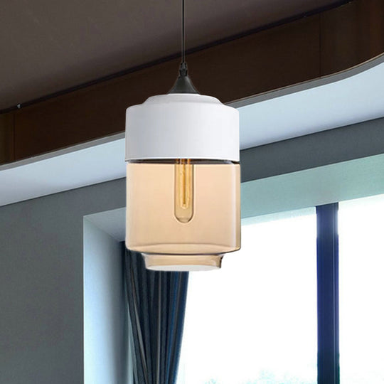 Modern 1-Light Drum/Cylinder/Jar Suspension Pendant – Clear/Yellow Glass White/Black Fixture