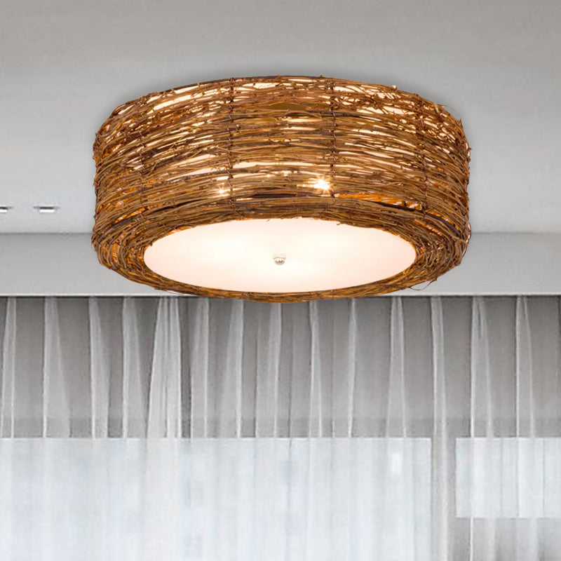 Modern 3-Light Rattan Flush Mount Ceiling Lamp - Hand-Woven Round Shade In Brown 16’/19.5’