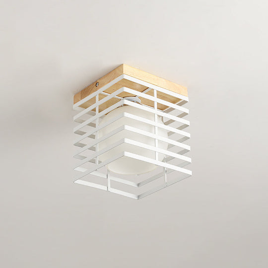 1-Light Black/White Metal Square Flush Mount Pendant Fixture For Corridor Ceiling