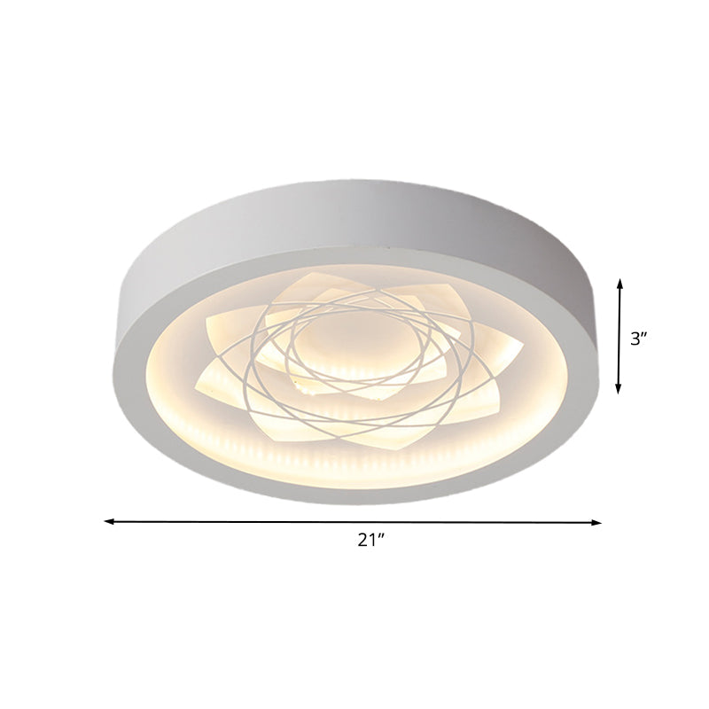 Contemporary Led White Drum Flush Mount Ceiling Fixture With Warm/White Light And Petal Pattern