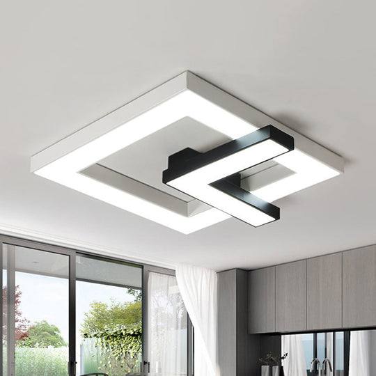 Iron Squared Led Ceiling Flush Mount With Black And White Clock Design White/Warm Light - 16.5/20.5