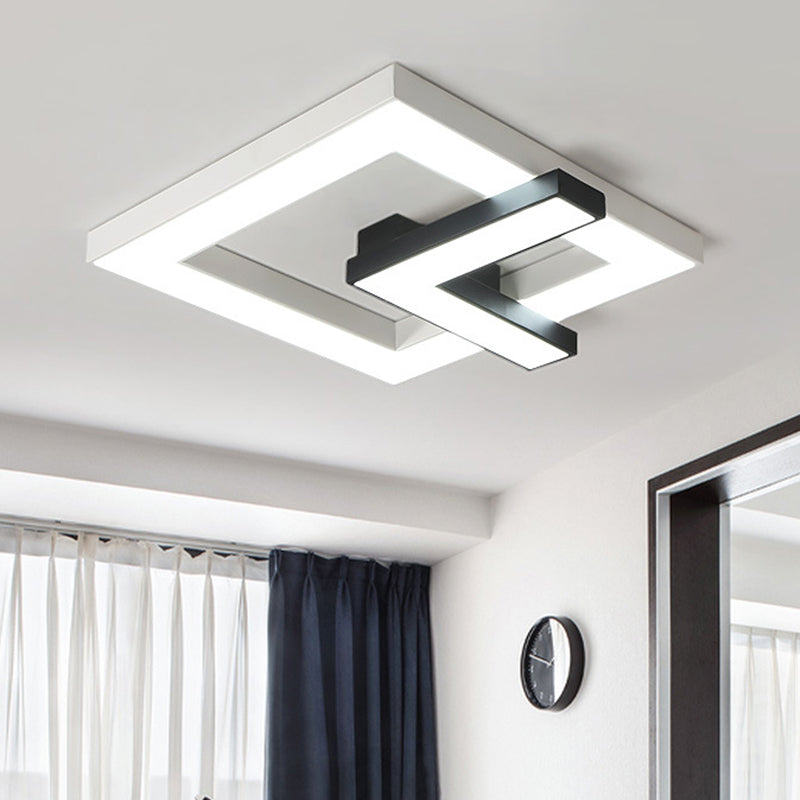 Iron Squared Led Ceiling Flush Mount With Black And White Clock Design White/Warm Light -