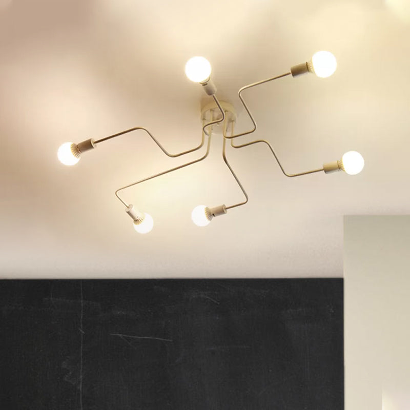 Vintage Metallic Semi Flush Light With Sputnik Design In Antique Brass/Black - Exposed Ceiling