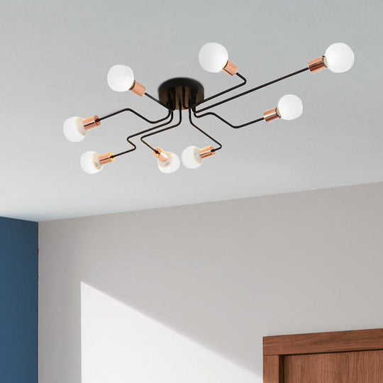 Vintage Metallic Semi Flush Light With Sputnik Design In Antique Brass/Black - Exposed Ceiling