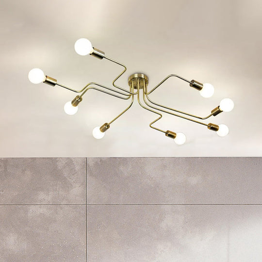 Vintage Metallic Semi Flush Light With Sputnik Design In Antique Brass/Black - Exposed Ceiling