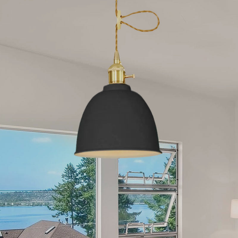 Industrial Style Hanging Ceiling Light: Adjustable Cord Domed Design 1 Light Black/Gray/White Metal