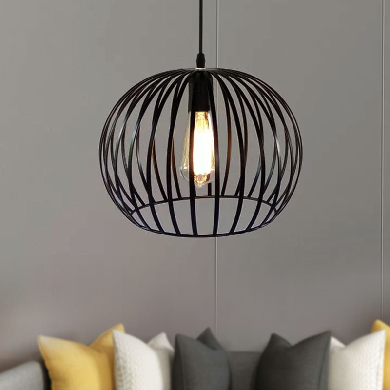 Industrial Metal Pendant Light In Satin Black - 12’/14’ Wide Globe Cage 1 Bulb Perfect For