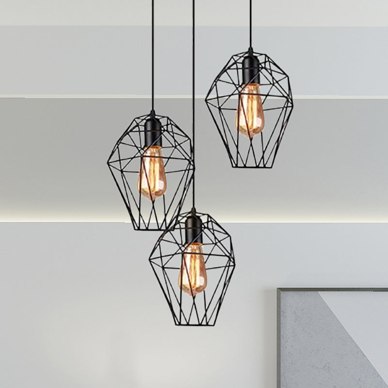 Geometric Vintage Ceiling Pendant Lamp - Metallic Black Suspended Light With 3 Bulbs Cage Shade