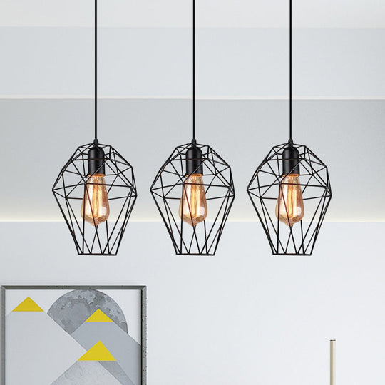 Geometric Vintage Ceiling Pendant Lamp - Metallic Black Suspended Light With 3 Bulbs Cage Shade