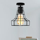 Rustic Farmhouse Semi Flush Mount Light: Barn/Oval Restaurant With Cage Shade & 1 Light Black