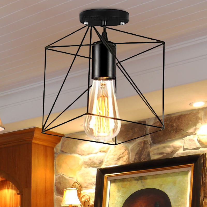 Rustic Farmhouse Semi Flush Mount Light: Barn/Oval Restaurant With Cage Shade & 1 Light Black