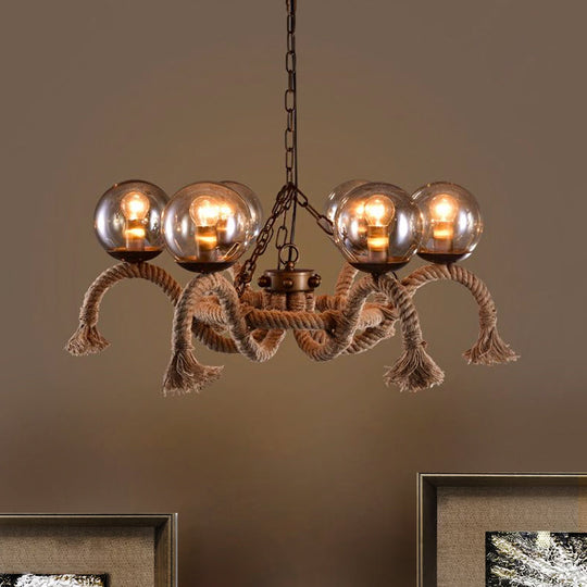 Retro Rust Finish Chandelier - 6 Lights Global Lighting Rope Suspension Smoke Grey Glass Shade