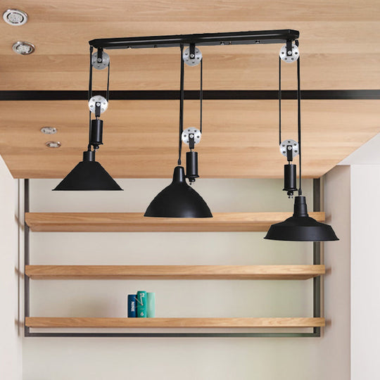 Industrial 3-Light Pendant With Adjustable Shades And Pulley Design In Black