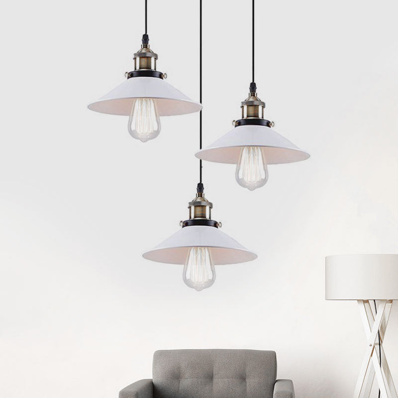 Industrial Style White Conic Ceiling Pendant With Metallic Finish - 3 Heads Indoor Hanging Light