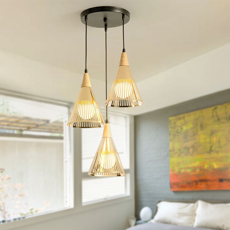 Nordic Cone Ceiling Light - 3 Head Metal And Wood Pendant Lighting With Wire Frame Linear/Round