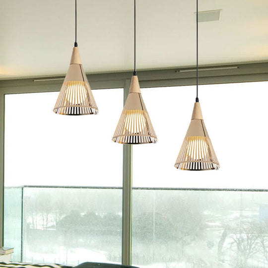 Nordic Cone Ceiling Light - 3 Head Metal And Wood Pendant Lighting With Wire Frame Linear/Round