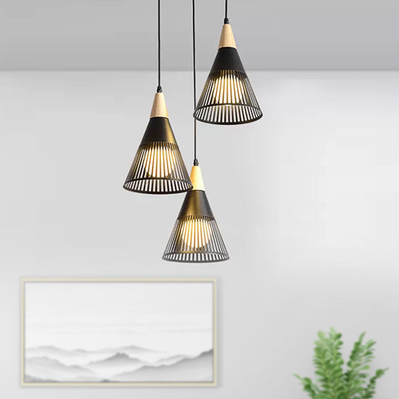 Nordic Cone Ceiling Light With 3 Metal And Wood Pendant Heads