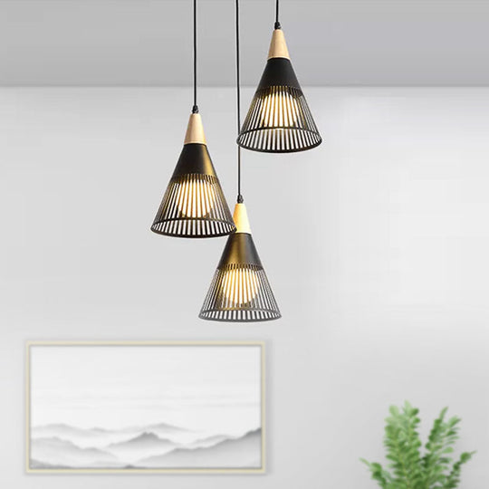 Nordic Cone Ceiling Light With 3 Metal And Wood Pendant Heads