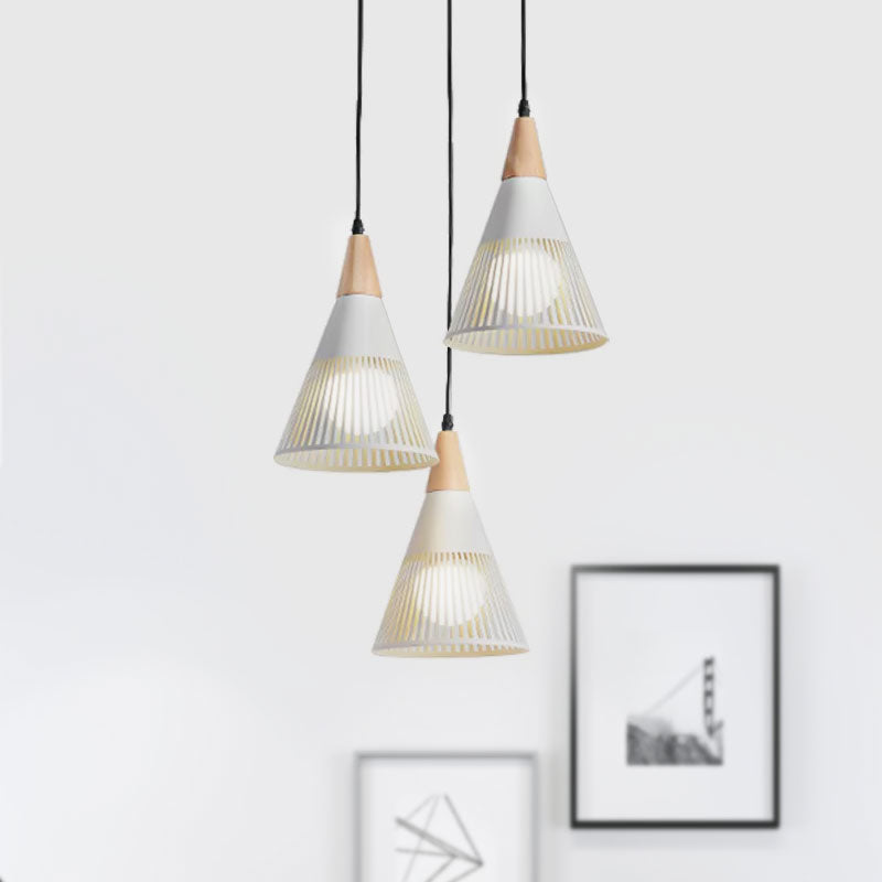 Nordic Cone Ceiling Light - 3 Head Metal And Wood Pendant Lighting With Wire Frame Linear/Round