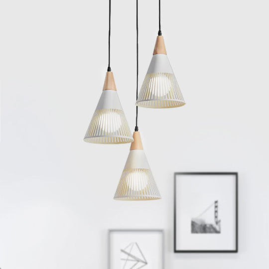 Nordic Cone Ceiling Light - 3 Head Metal And Wood Pendant Lighting With Wire Frame Linear/Round