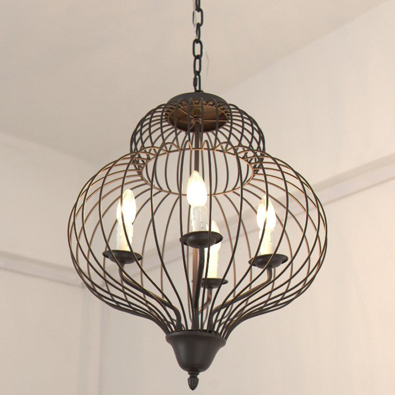 Vintage Style Metal Black Ceiling Light: Large Pendant Lighting With Gourd Cage Shade 4 Lights &