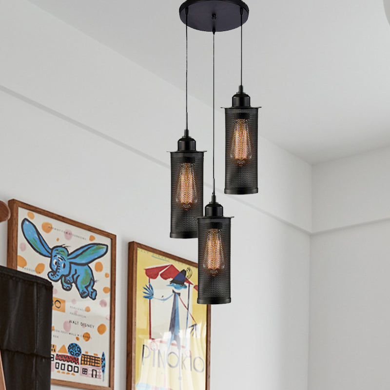 Vintage 3/8 Bulbs Pendant Light With Mesh Shade - Stylish Kitchen Ceiling Fixture In Black